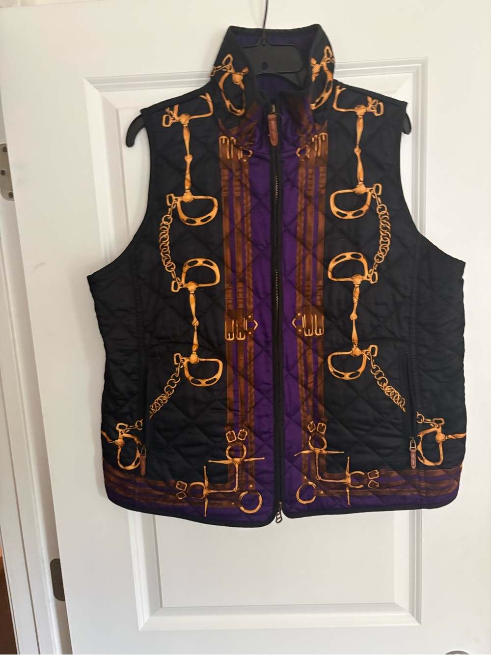 Lauren Ralph Lauren Black Quilted Vest with Purple Center and Gold Chain Print